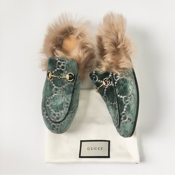 Gucci Shoes - Gucci Princetown Horsebit Monogram Fur Avio Dusty Pink Velvet Slip On Mules 38.5